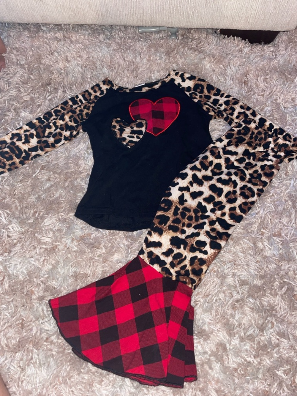 Girls Black valentines Set with Leopard Print Sleeves & Red Plaid Heart